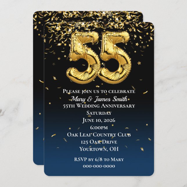 55th Anniversary Gold Balloons & Confetti Invitation (Front/Back)