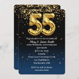 55th Anniversary Gold Balloons & Confetti Invitation