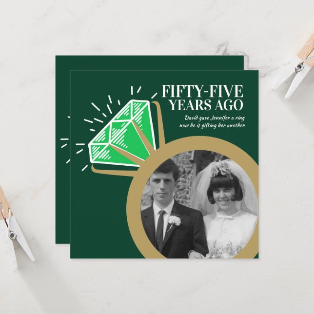55th anniversary party emerald gold ring two photo invitation (Front/Back In Situ)
