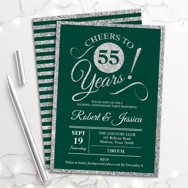 55th Anniversary Party - Emerald Green Silver Invitation (Creator Uploaded)