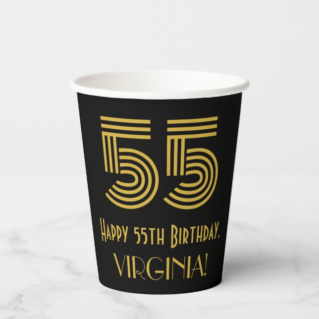55th Birthday: Art Deco Inspired Look “55” & Name Paper Cups (Back)