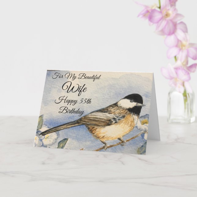55th Birthday Beautiful Wife Pretty Chickadee Card (Orchid)
