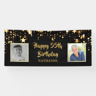 55th Birthday Black Gold Stars Photos Personalised Banner