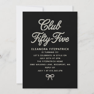 55th Birthday Black White Pearl Script Bow Invitation