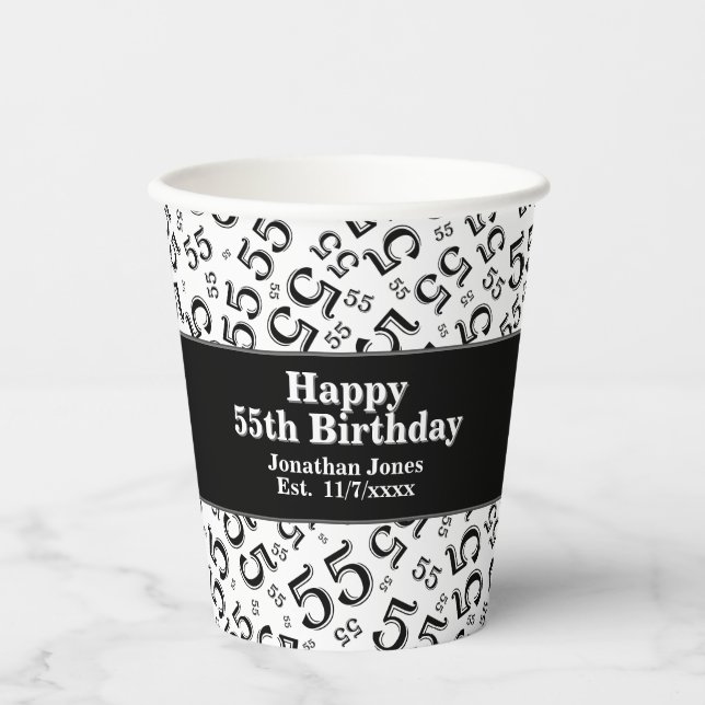 55th Birthday Black/White Random Number Pattern 55 Paper Cups (Front)