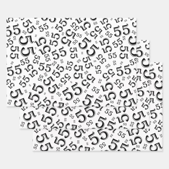 55th Birthday Black/White Random Number Pattern 55 Wrapping Paper Sheet (Set)