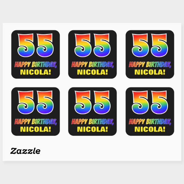 55th Birthday: Bold, Fun, Simple, Rainbow 55 Square Sticker (Sheet)