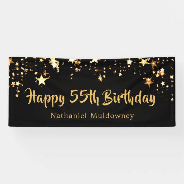 55th Birthday Brush Script Black Gold Stars Banner (Horizontal)