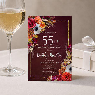 55th Birthday Burgundy Fall Flowers Elegant Script Invitation