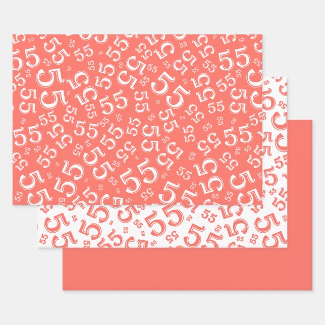 55th Birthday Coal/White Random Number Pattern 55 Wrapping Paper Sheet (Set)