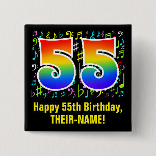 55th Birthday: Colorful Music Symbols, Rainbow 55 15 Cm Square Badge