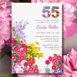 55th Birthday Colourful Floral 55 Garden Party Invitation