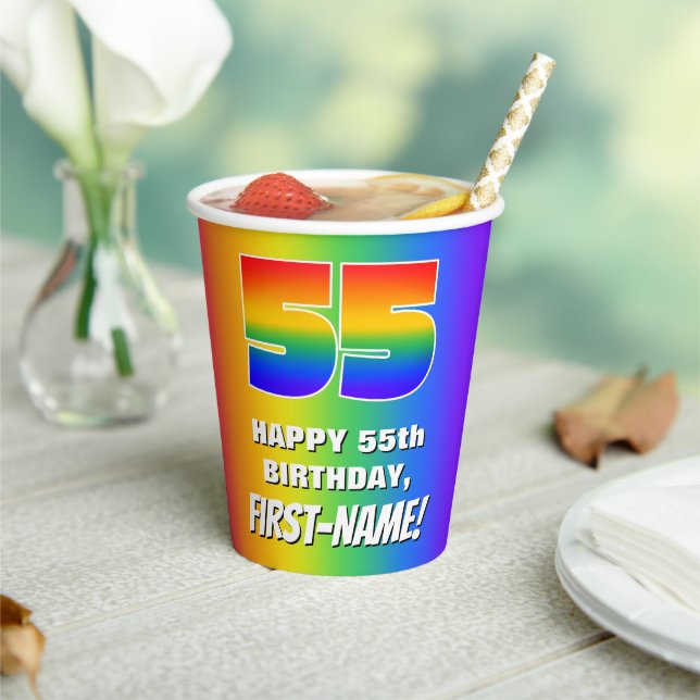 55th Birthday: Colourful, Fun Rainbow Pattern # 55 Paper Cups (Insitu)