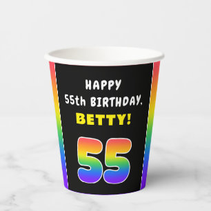 55th Birthday: Colourful Rainbow # 55, Custom Name Paper Cups