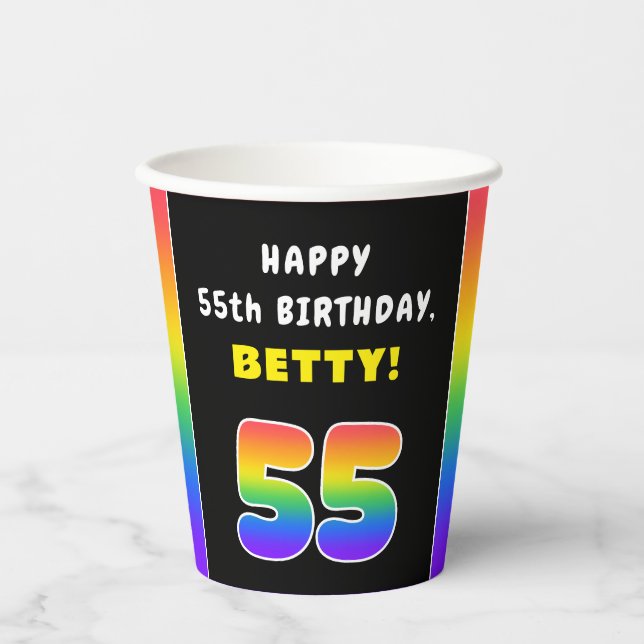 55th Birthday: Colourful Rainbow # 55, Custom Name Paper Cups (Front)