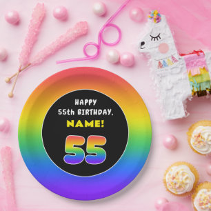 55th Birthday: Colourful Rainbow # 55, Custom Name Paper Plate