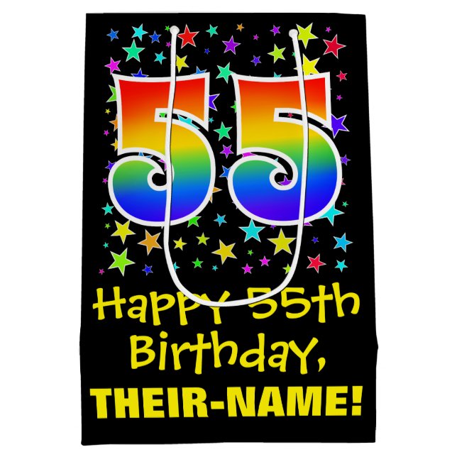 55th Birthday: Colourful Stars Pattern & Rainbow 5 Medium Gift Bag (Back)