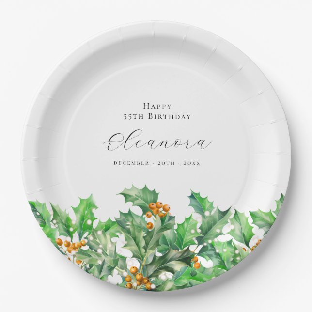 55th Birthday December Birth Flower Holly Custom Paper Plate (Front)