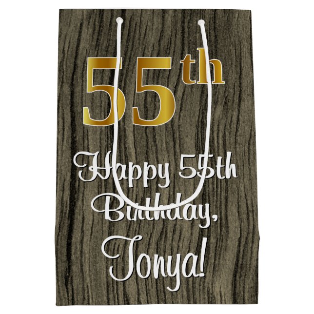 55th Birthday: Elegant Faux Gold Look #, Faux Wood Medium Gift Bag (Back)