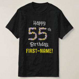 55th Birthday: Floral Flowers Number “55” + Name T-Shirt