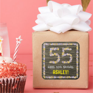 55th Birthday: Floral Number, Faux Wood Look, Name Square Sticker
