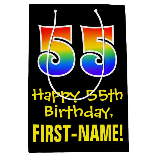 55th Birthday: Fun, Bold, Colourful, Rainbow "55" Medium Gift Bag (Front)