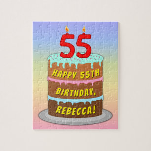 55th Birthday: Fun Cake and Candles + Custom Name Jigsaw Puzzle