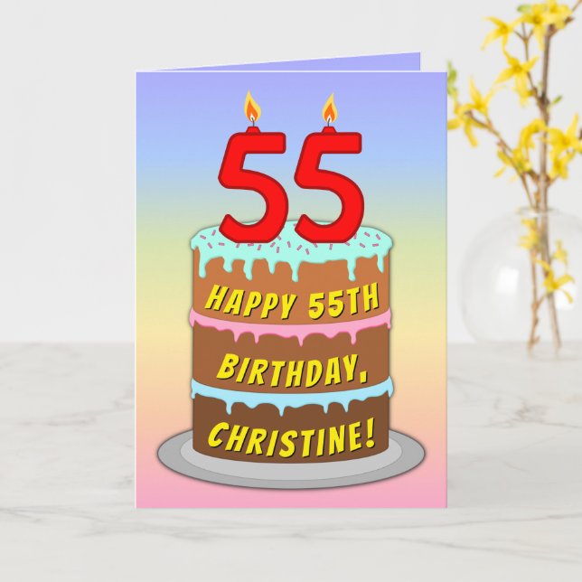 55th Birthday — Fun Cake & Candles, w/ Custom Name Card (Yellow Flower)