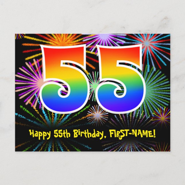 55th Birthday – Fun Fireworks Pattern + Rainbow 55 Postcard (Front)