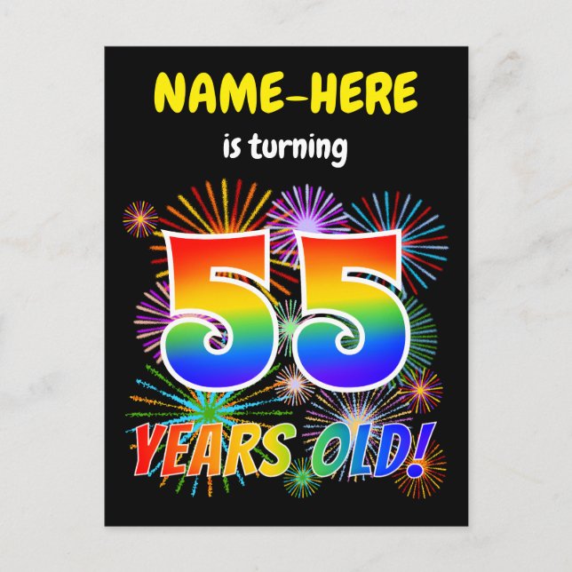 55th Birthday - Fun Fireworks, Rainbow Look "55" Postcard (Front)