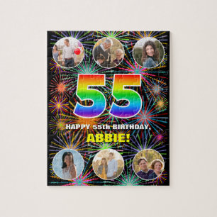 55th Birthday: Fun Rainbow #, Custom Name + Photos Jigsaw Puzzle