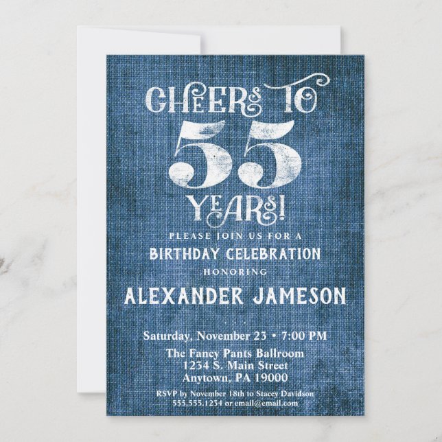 55th Birthday Invitation Blue Linen Rustic Cheers (Front)