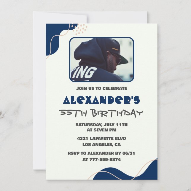 55th birthday invitations Men Blue Simple Photo (Front)
