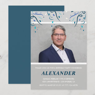 55th birthday invitations Men Confetti Photo Blue