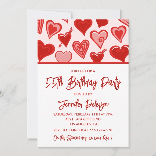 55th birthday invitations Red Pink Hearts (Front)
