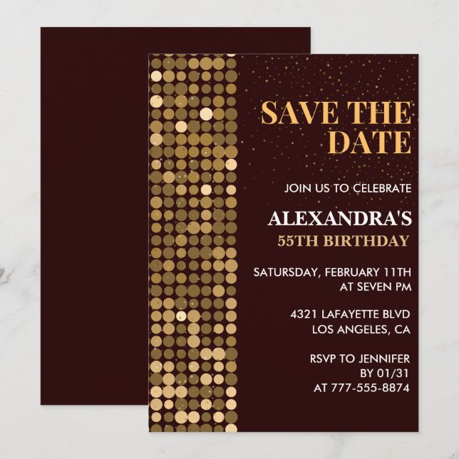55th birthday invitations Save the date Gold (Front/Back)