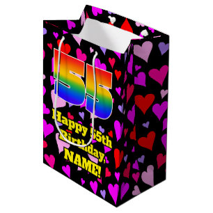 55th Birthday: Loving Hearts Pattern, Rainbow # 55 Medium Gift Bag