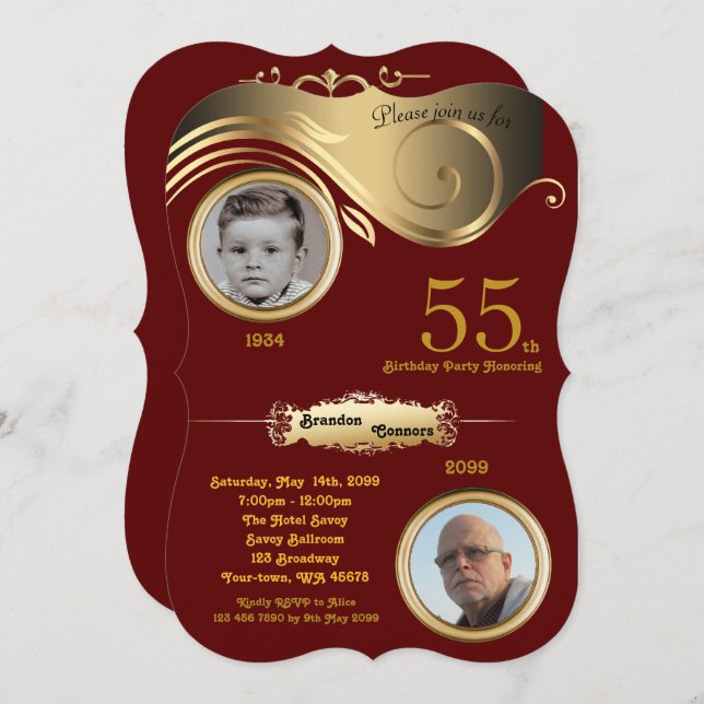 55th,Birthday Man age, art deco,Bordeaux gold Invitation (Front/Back)