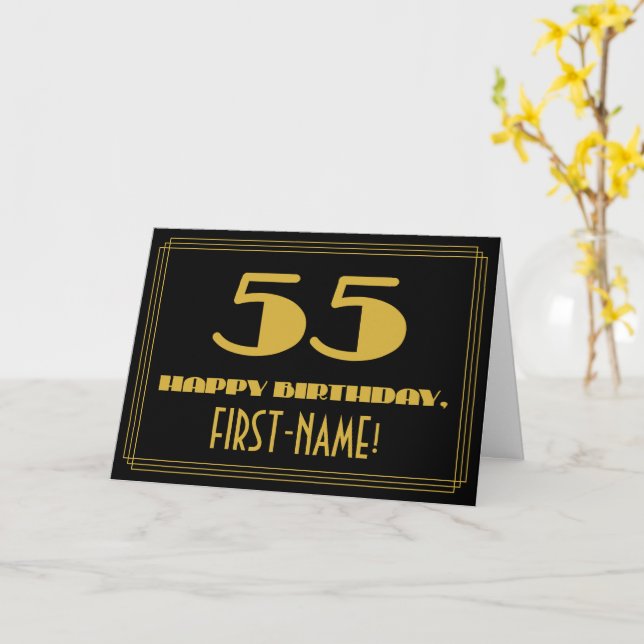 55th Birthday: Name + Art Deco Inspired Look "55" Card (Yellow Flower)