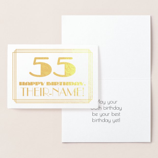 55th Birthday; Name + Art Deco Inspired Look "55" Foil Card (Display)