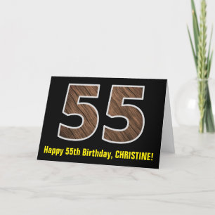55th Birthday: Name + Faux Wood Grain Pattern "55" Card