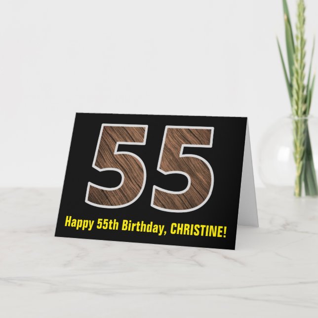 55th Birthday: Name + Faux Wood Grain Pattern "55" Card (Front)