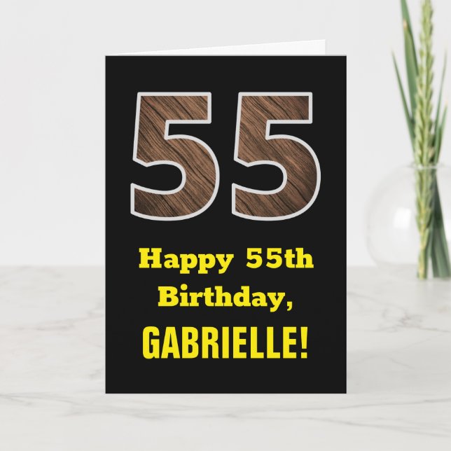 55th Birthday: Name, Faux Wood Grain Pattern "55" Card (Front)
