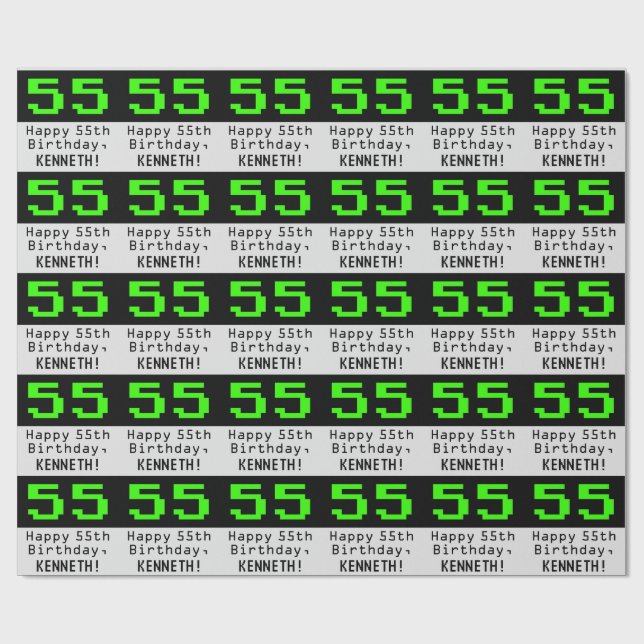 55th Birthday - Nerdy / Geeky Style "55" and Name Wrapping Paper (Flat)