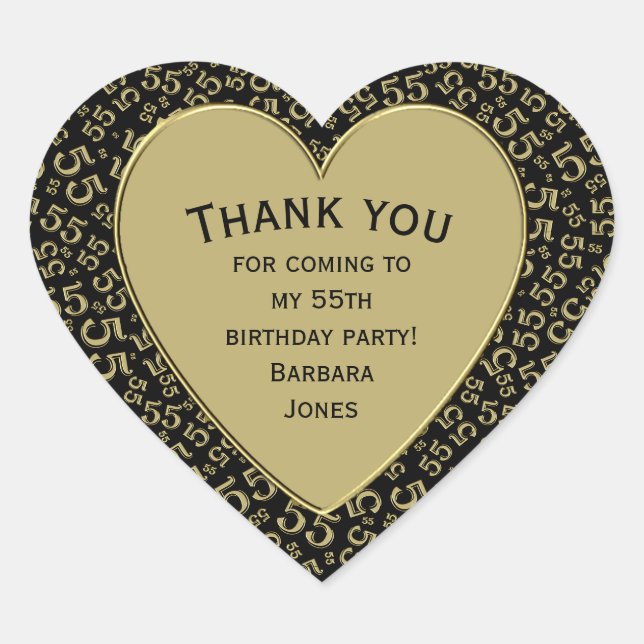 55th Birthday Party Black and Gold Pattern Heart Sticker (Front)