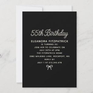 55th Birthday Party Black White Pearl Script Bow Invitation