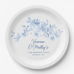 55th Birthday Party Blue Rose Floral Custom Paper Plate