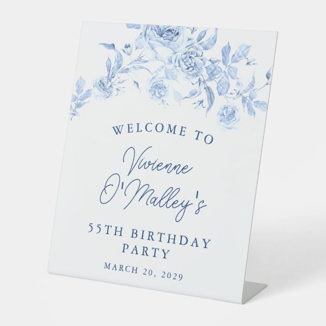 55th Birthday Party Blue Rose Floral Welcome Pedestal Sign (Front)