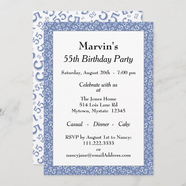 55th Birthday Party, Blue/White Number Pattern Invitation (Front/Back)