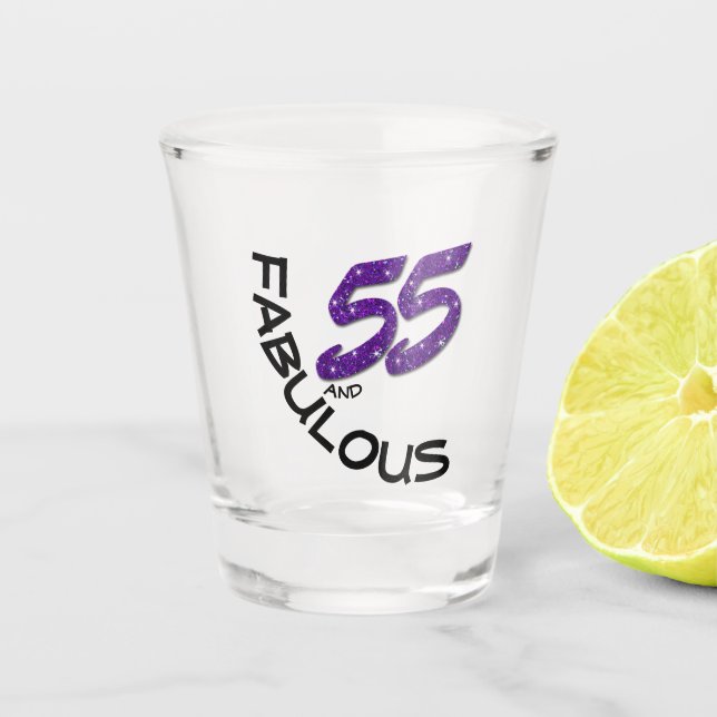 55th Birthday Party Celebration Purple Glitter Shot Glass (Front)